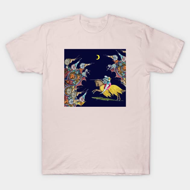 WEIRD MEDIEVAL BESTIARY WAR, KNIGHT HORSEBACK COMBATTING GIANT SNAILS IN THE NIGHT T-Shirt by BulganLumini